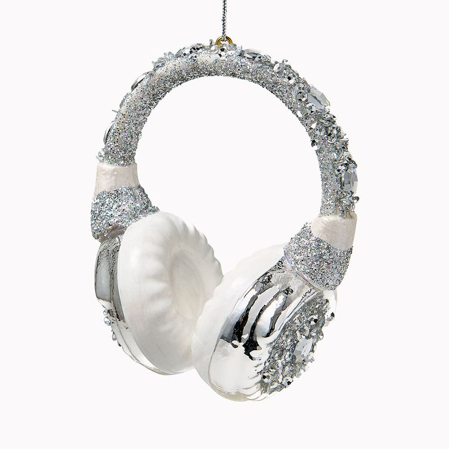 Silver Headphones Glass Ornament