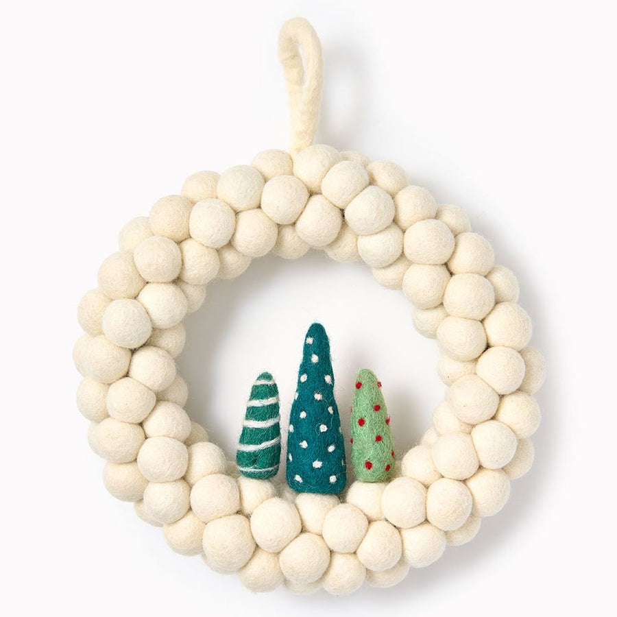 White Felt Pom Wreath with Trees