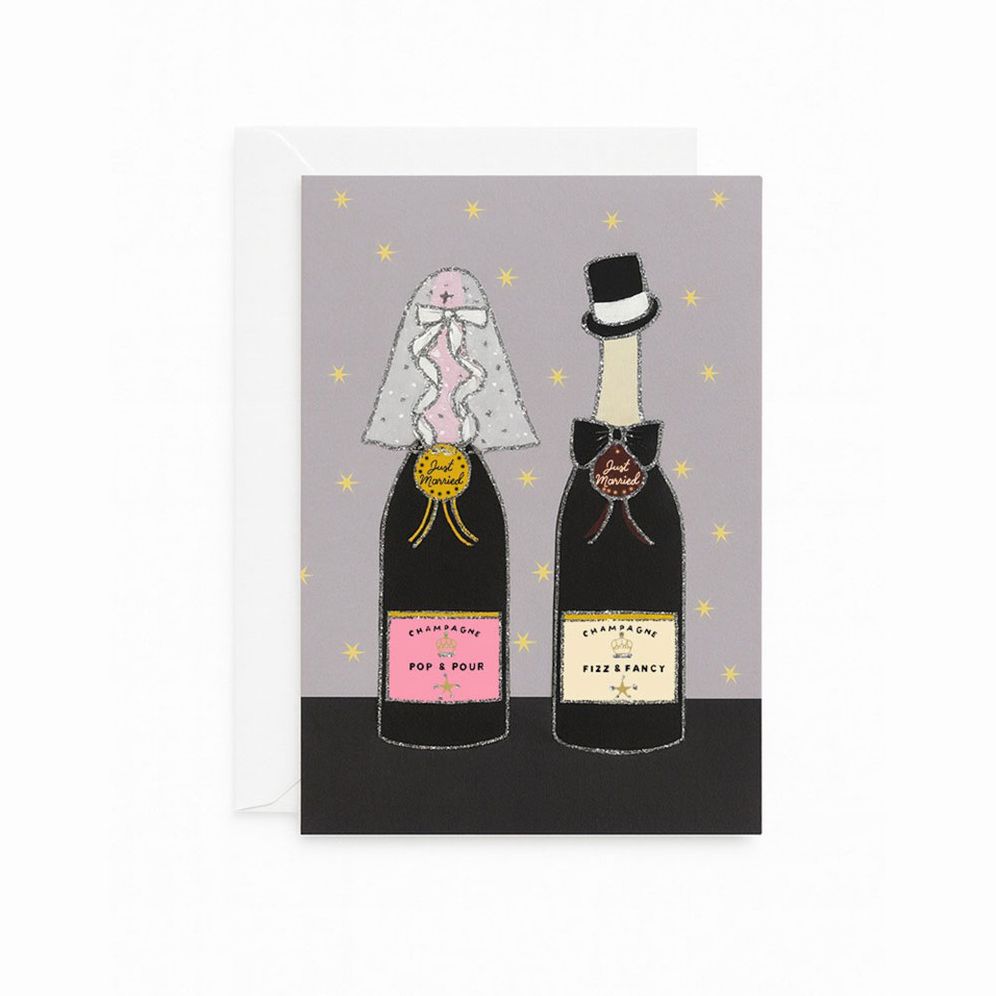 Just Married Champagne Specialty Glitter Wedding Card