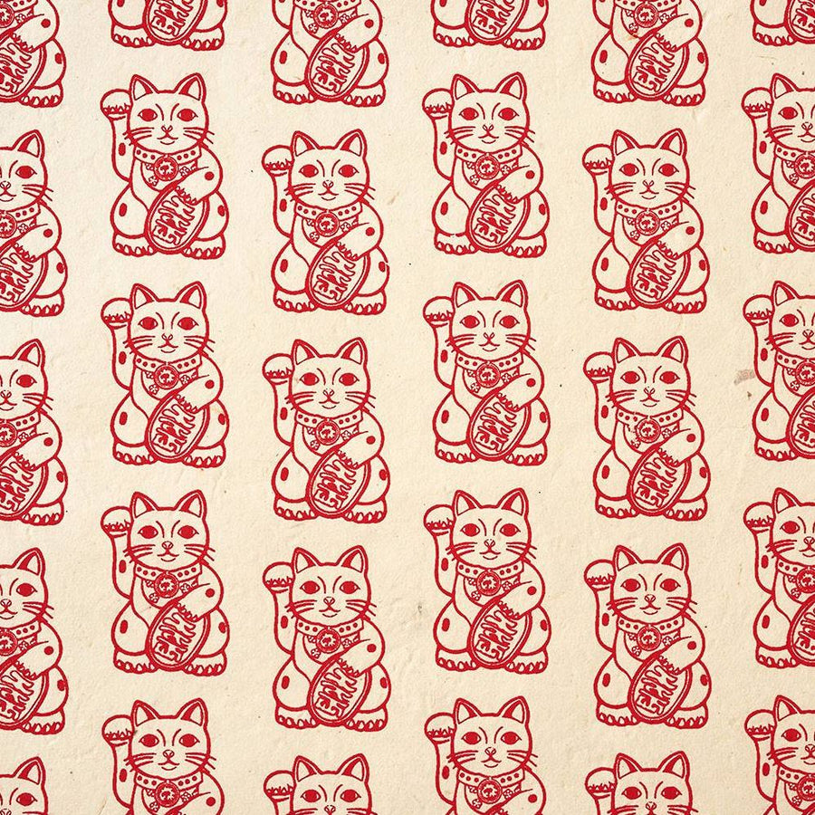 Red Lucky Cat on Cream Handmade Paper