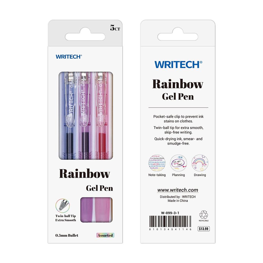 Clear Sherbert Rainbow Gel Pen S/5 - Assorted Ink